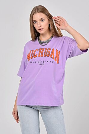 Kadın Lila Michigan Baskılı Oversize T-shirt