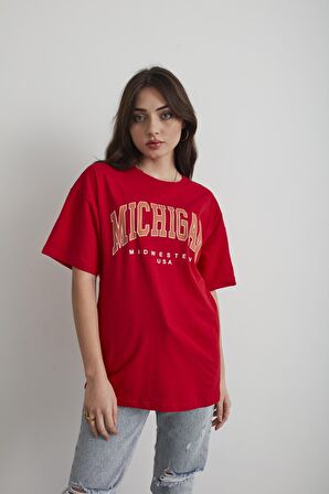 Kadın Lila Michigan Baskılı Oversize T-shirt