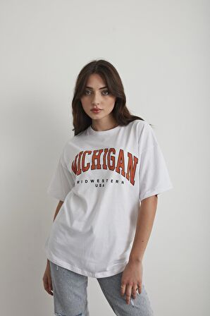 Kadın Lila Michigan Baskılı Oversize T-shirt