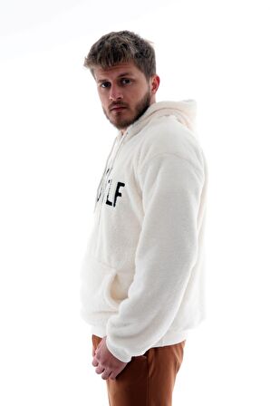 Erkek Gri Baskılı Peluş Kapüşonlu Cepli Sweatshirt