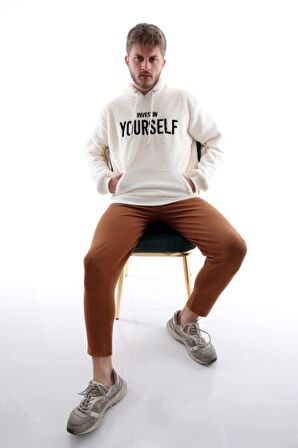 Erkek Gri Baskılı Peluş Kapüşonlu Cepli Sweatshirt