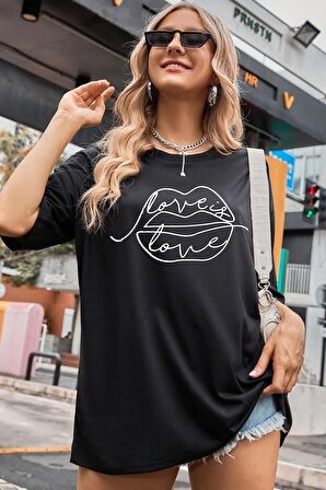 Kadın Mavi Love Is Baskılı Oversize T-shirt