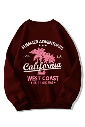 Kadın Bordo California Baskılı Kalın Oversize Sweatshirt