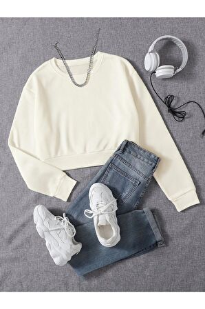 Kadın Crop Basic Bisiklet Yaka Sweatshirt