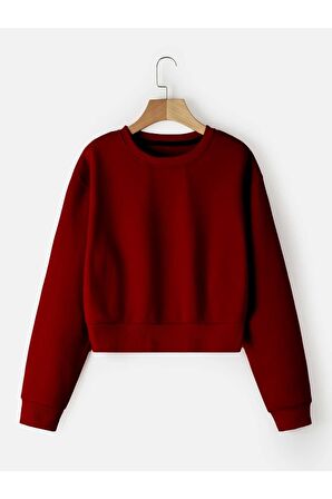 Kadın Crop Basic Bisiklet Yaka Sweatshirt