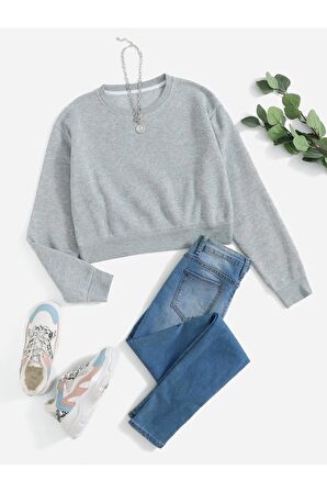 Kadın Crop Basic Bisiklet Yaka Sweatshirt