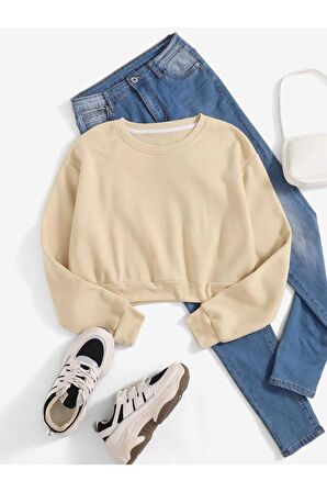 Kadın Crop Basic Bisiklet Yaka Sweatshirt