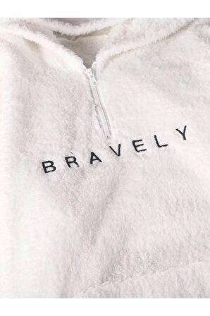 Erkek Bravely Nakışlı Yarım Fermuar Cepli Peluş Sweatshirt