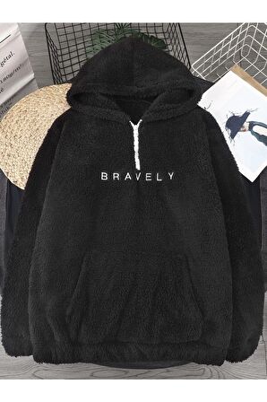 Erkek Bravely Nakışlı Yarım Fermuar Cepli Peluş Sweatshirt