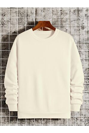 Erkek Basic Bisiklet Yaka Baskısız Düz Oversize Salaş Bol Kesim Polar Sweatshirt