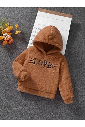 Kız Çocuk Love Nakışlı Kapüşonlu Peluş Sweatshirt