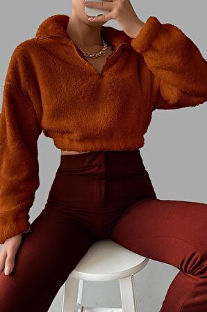 Kadın Yarım Fermuar Gri Balıkçı Peluş Düşük Omuz Kısa Oversize Crop Sweatshirt