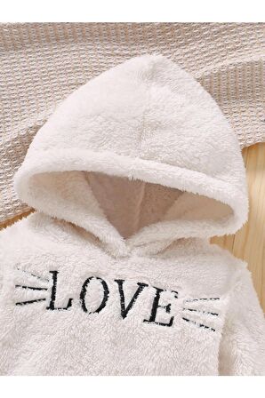 Kız Çocuk Love Nakışlı Kapüşonlu Peluş Sweatshirt