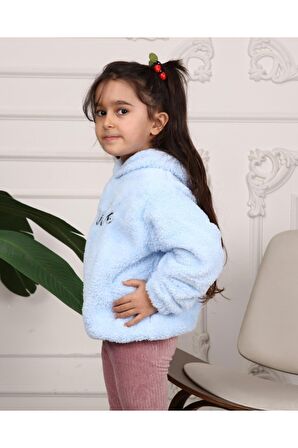 Kız Çocuk Smile Nakışlı Kapüşonlu Peluş Sweatshirt