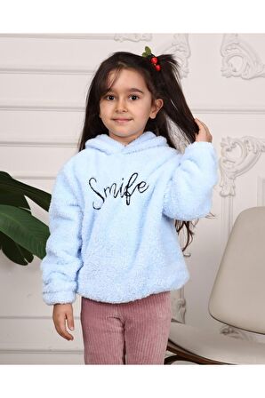 Kız Çocuk Smile Nakışlı Kapüşonlu Peluş Sweatshirt