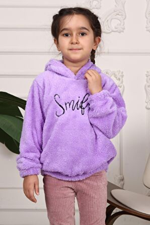 Kız Çocuk Smile Nakışlı Kapüşonlu Peluş Sweatshirt