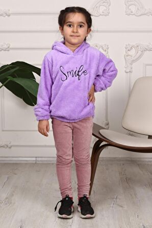 Kız Çocuk Smile Nakışlı Kapüşonlu Peluş Sweatshirt