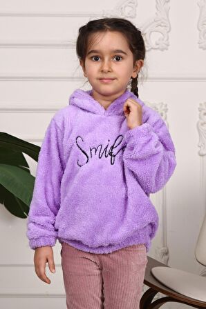 Kız Çocuk Smile Nakışlı Kapüşonlu Peluş Sweatshirt