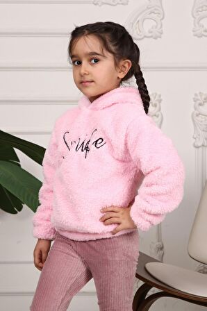 Kız Çocuk Smile Nakışlı Kapüşonlu Peluş Sweatshirt