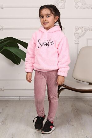 Kız Çocuk Smile Nakışlı Kapüşonlu Peluş Sweatshirt