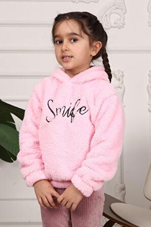 Kız Çocuk Smile Nakışlı Kapüşonlu Peluş Sweatshirt