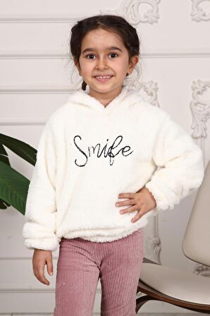 Kız Çocuk Smile Nakışlı Kapüşonlu Peluş Sweatshirt