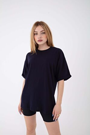 Kadın Basic Baskısız Düz Oversize Salaş Bol Kesim Duble Kol T-shirt