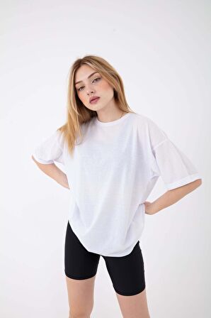 Kadın Basic Baskısız Düz Oversize Salaş Bol Kesim Duble Kol T-shirt