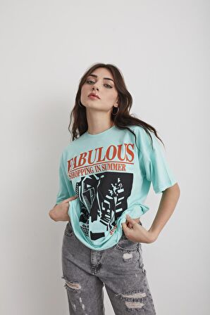 Kadın Mint Yeşili Fabulous Baskılı Oversize T-shirt