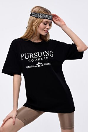 Kadın Pursing Go Ahead Baskılı Oversize T-shirt