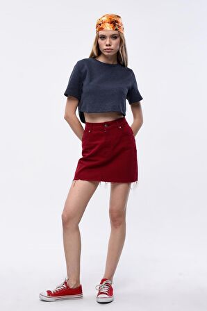 Kadın Waffle Dokulu Bisiklet Yaka Oversize Crop T-shirt