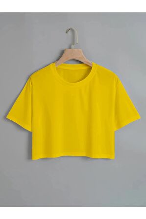 Kadın Düz Bisiklet Yaka Kısa Oversize Crop Turuncu T-shirt