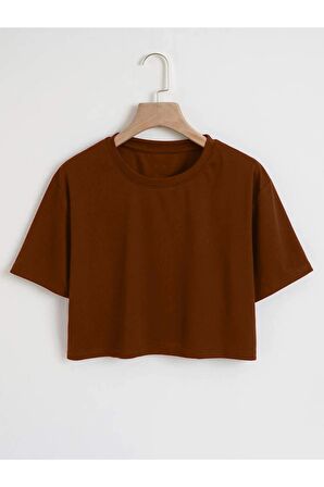 Kadın Düz Bisiklet Yaka Kısa Oversize Crop Turuncu T-shirt