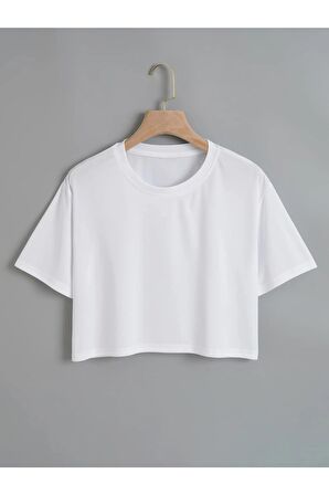 Kadın Düz Bisiklet Yaka Kısa Oversize Crop Turuncu T-shirt