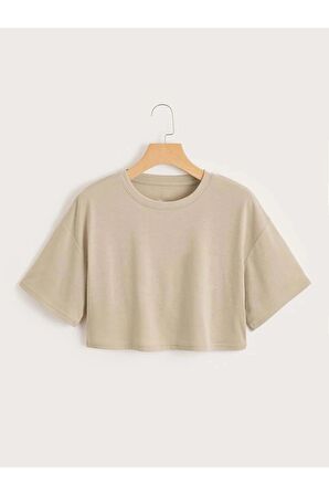 Kadın Düz Bisiklet Yaka Kısa Oversize Crop Turuncu T-shirt