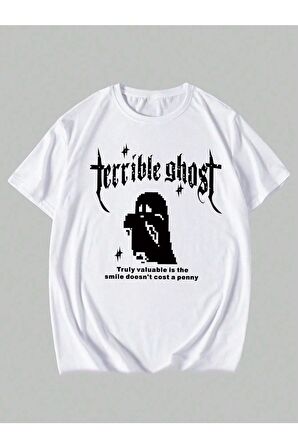 Unisex Terrible Ghost Baskılı Oversize Beyaz T-shirt