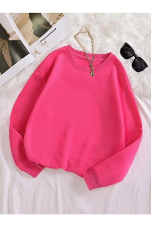 Kadın Basic 0 Sıfır Yaka Baskısız Düz Oversize Salaş Bol Kesim Polar Sweatshirt