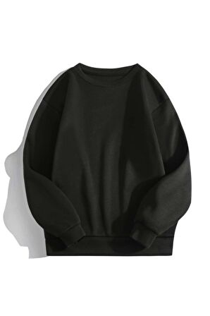 Kadın Basic 0 Sıfır Yaka Baskısız Düz Oversize Salaş Bol Kesim Polar Sweatshirt