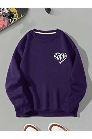 Unisex Bisiklet Yaka Love Baskılı Oversize Salaş Kesim Polar Sweatshirt