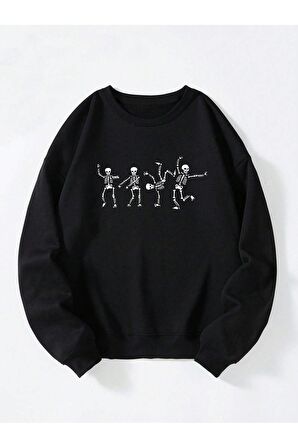 Unisex Bisiklet Yaka İskelet Baskılı Oversize Salaş Kesim Polar Sweatshirt