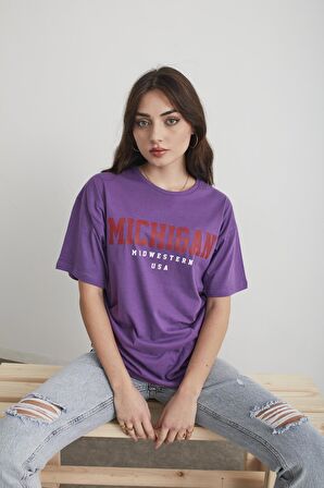 Kadın Pembe Michigan Baskılı Oversize T-shirt