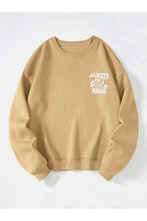 Unisex Bisiklet Yaka Mood Baskılı Oversize Salaş Kesim Polar Sweatshirt