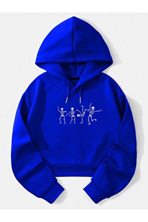 Kadın İskelet Baskılı Kapüşonlu Crop İçi Polarlı Oversize Sweatshirt