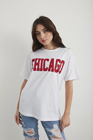 Kadın Lacivert Chicago Baskılı Oversize T-shirt