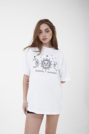 Unisex Oversize Celestial Baskılı Sarı T-shirt