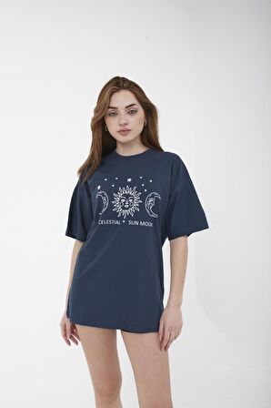 Unisex Oversize Celestial Baskılı Sarı T-shirt