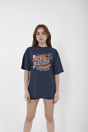 Unisex Oversize Aloha Baskılı Siyah T-shirt