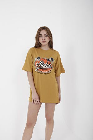 Unisex Oversize Aloha Baskılı Siyah T-shirt