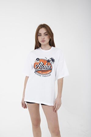 Unisex Oversize Aloha Baskılı Siyah T-shirt