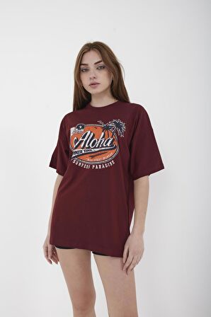 Unisex Oversize Aloha Baskılı Siyah T-shirt